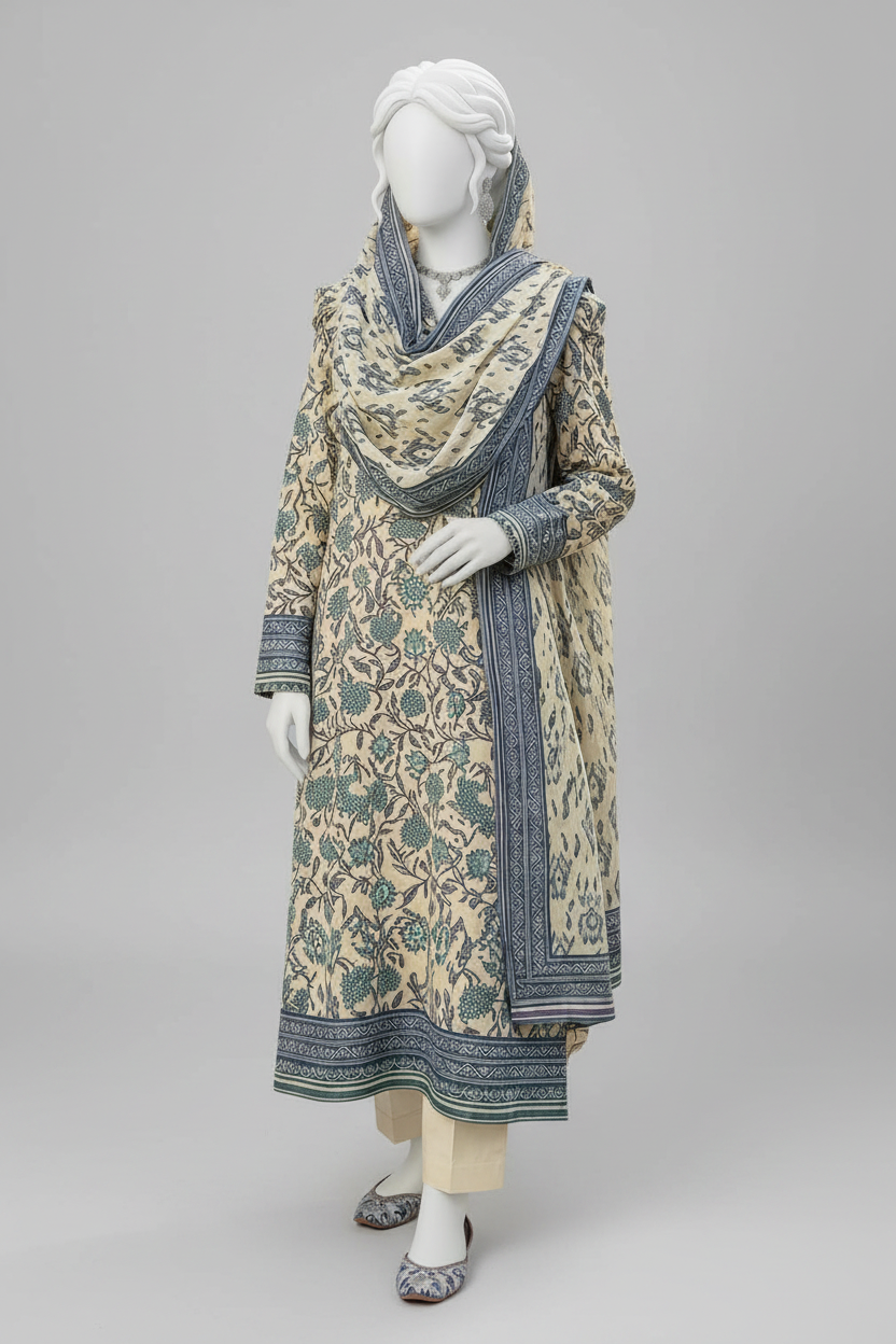 A mannequin wearing a traditional South Asian outfit with a beige and blue floral print kurta, matching dupatta, and beige trousers, set against an outdoor garden pavilion background.