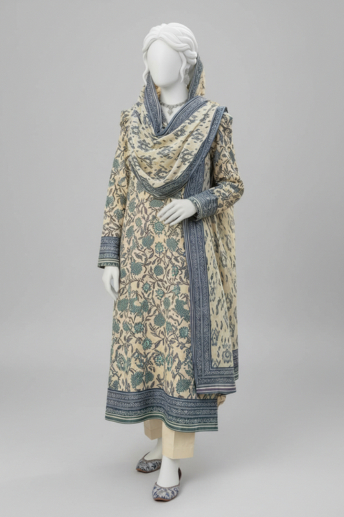 A mannequin wearing a traditional South Asian outfit with a beige and blue floral print kurta, matching dupatta, and beige trousers, set against an outdoor garden pavilion background.