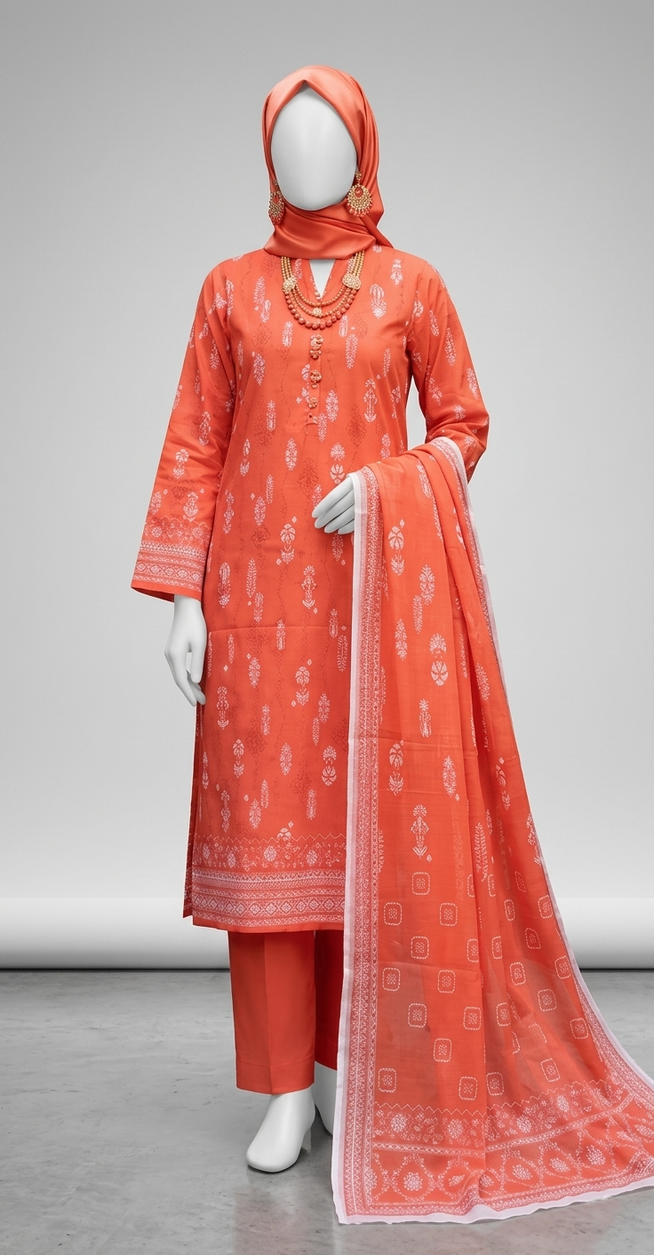 Premium Lawn Embroidered Series - Coral Peach (3-Piece Unstitched)