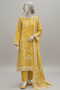 Mannequin wearing a yellow floral outfit with a matching dupatta in a garden setting