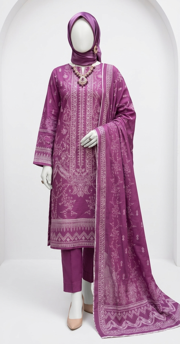 Premium Lawn Embroidered Series - Deep Plum Purple (3-Piece Unstitched)