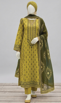 Premium Lawn 3-Piece Unstitched Suit - Olive Mustard Green (US20)
