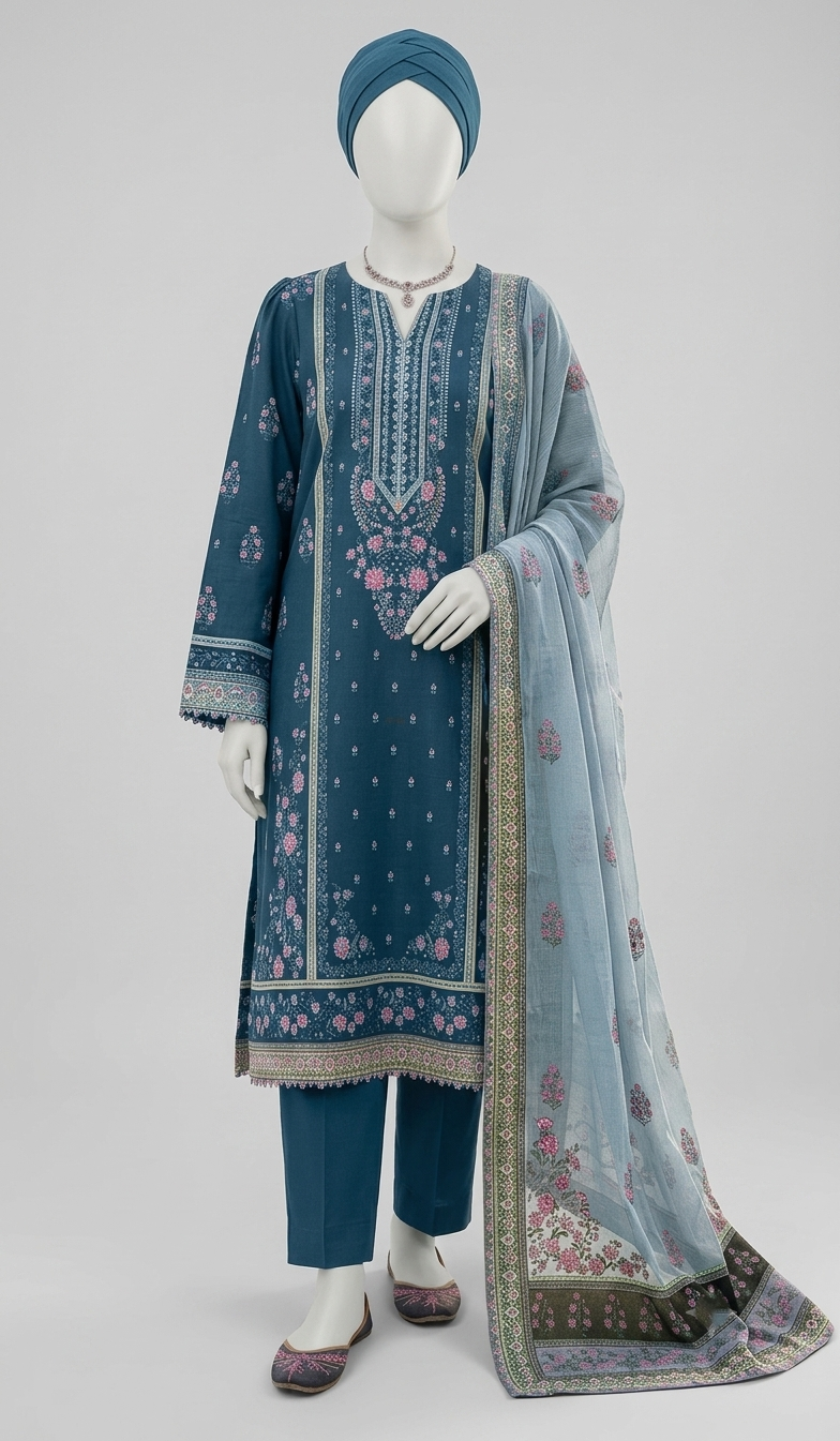 Premium Lawn 3-Piece Unstitched Suit - Deep Teal Blue