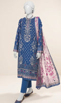 A three-piece men's traditional outfit displayed on a white mannequin, featuring a blue printed kurta, blue trousers, and a pink and blue printed dupatta, set against a plain beige background.