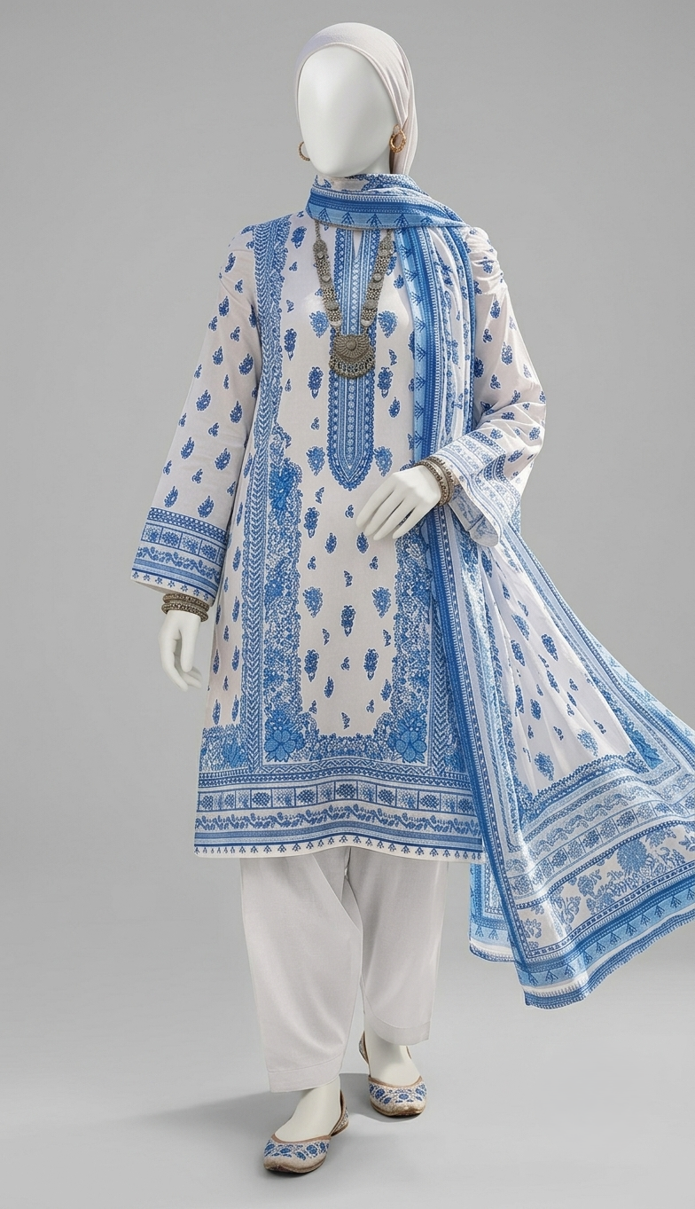 Premium Lawn 3-Piece Unstitched Suit - White & Blue