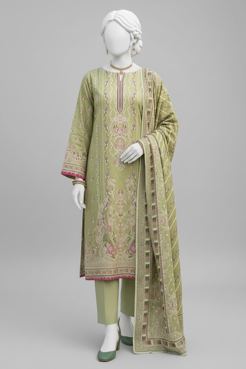 A three-piece olive green ethnic suit set displayed on a mannequin, featuring a long kurta with intricate gold and pink embroidery, matching trousers, and a coordinating dupatta, set against an outdoor wedding-style floral backdrop.