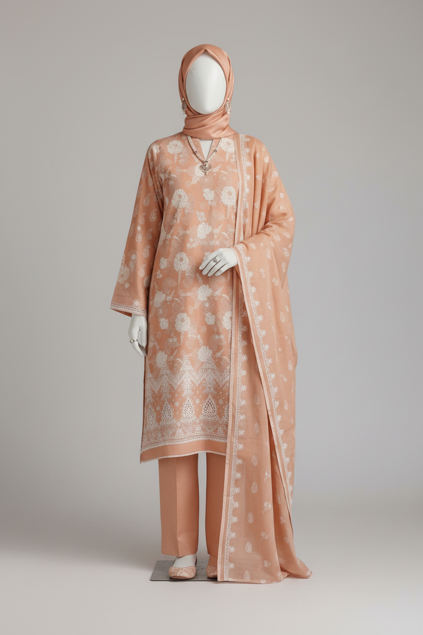 Woman wearing a peach-colored traditional outfit with a matching headscarf in a warm-toned setting.