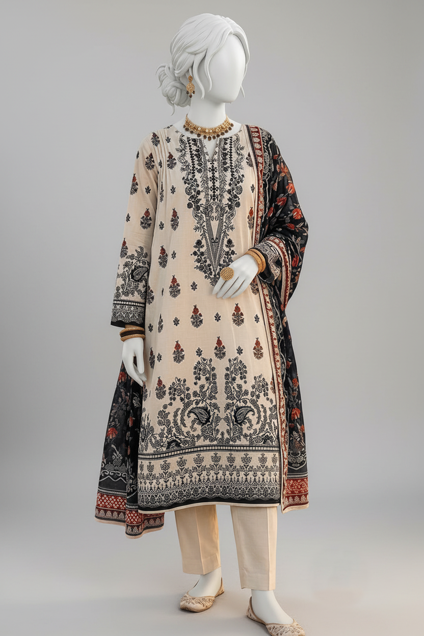 Printed Lawn Series - Ivory & Navy Blue