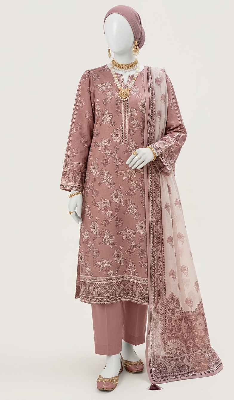 Premium Lawn 3-Piece Unstitched Suit - Mauve Tea Pink