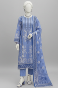 Mannequin wearing a blue embroidered outfit with a matching dupatta in an outdoor setting.