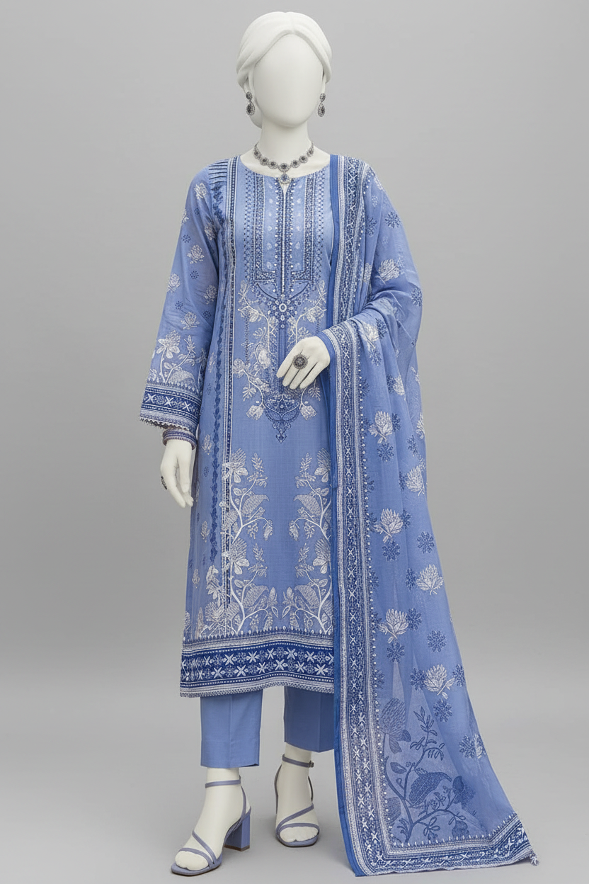 Mannequin wearing a blue embroidered outfit with a matching dupatta in an outdoor setting.