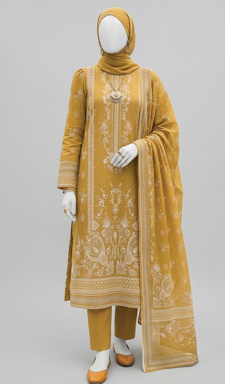 Premium Lawn 3-Piece Unstitched Suit - Mustard Gold