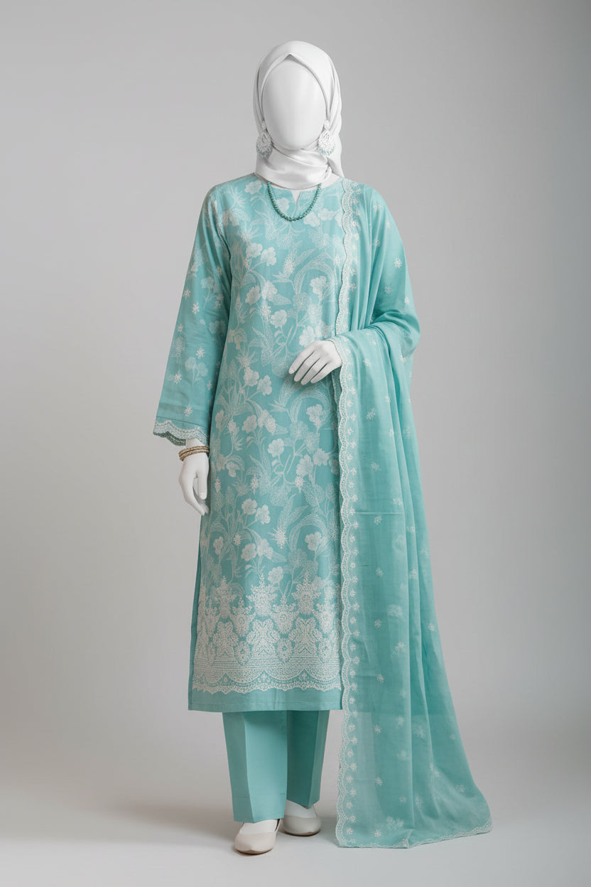 A woman wearing a mint green traditional outfit with white floral embroidery, a matching headscarf, and white gloves, standing in a styled studio setting with a terracotta wall, bamboo screen, and green leaves.