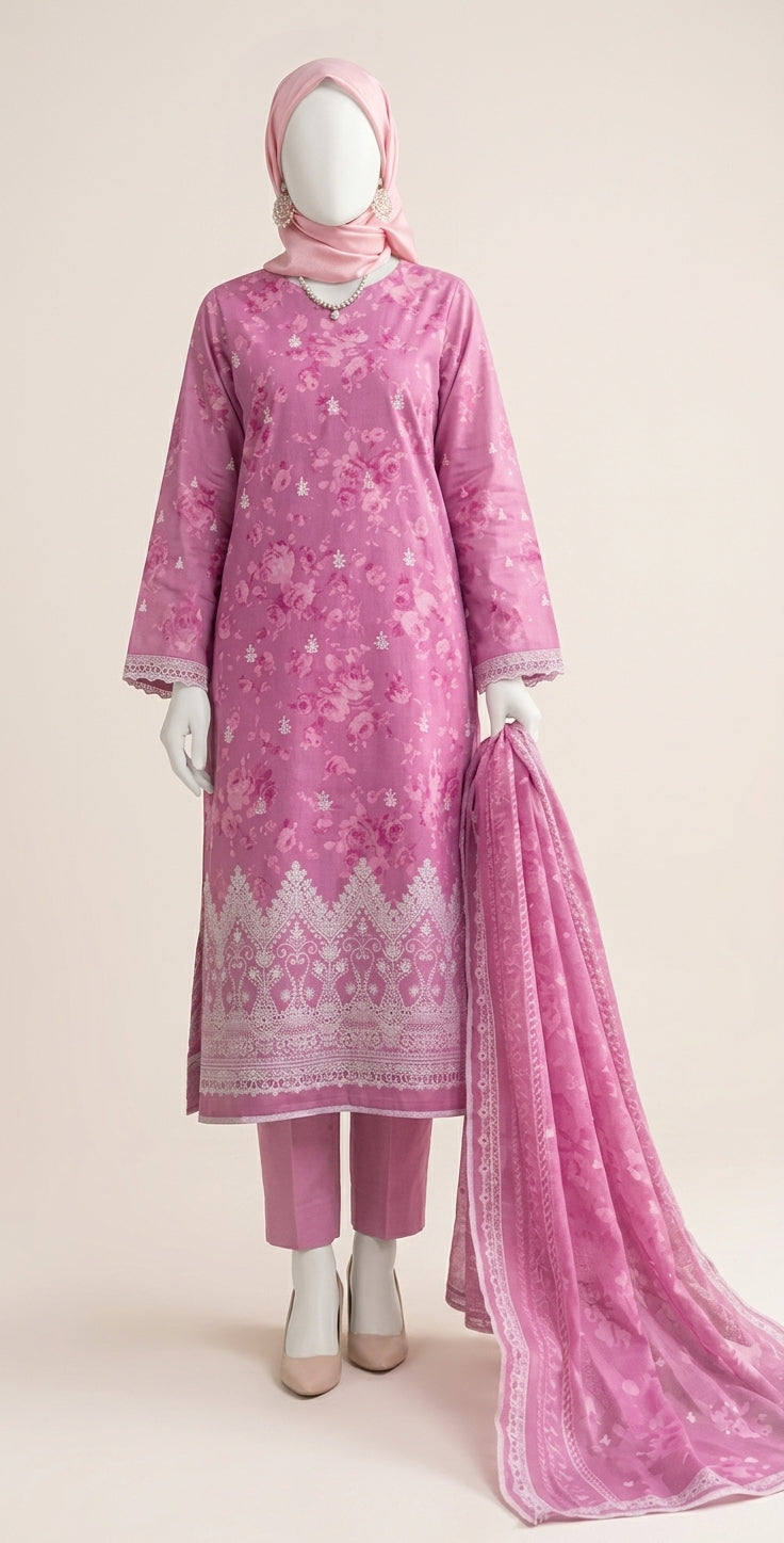 A pink traditional outfit displayed on a mannequin, featuring a long-sleeve kurta with white floral embroidery and a geometric border, matching trousers, a coordinating headscarf, and a draped dupatta.