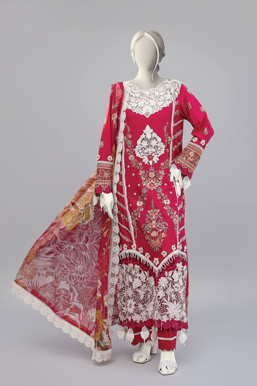 Mannequin wearing a red and white embroidered outfit with Insia branding on a poolside background.