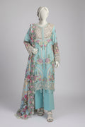 Mannequin wearing a light blue floral outfit with a matching dupatta on a gray background