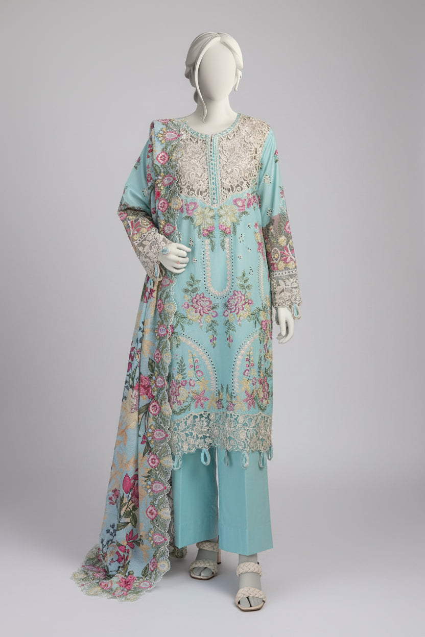 Mannequin wearing a light blue floral outfit with a matching dupatta on a gray background