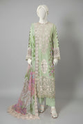 Mannequin wearing a light green embroidered outfit with insia branding on a white background.