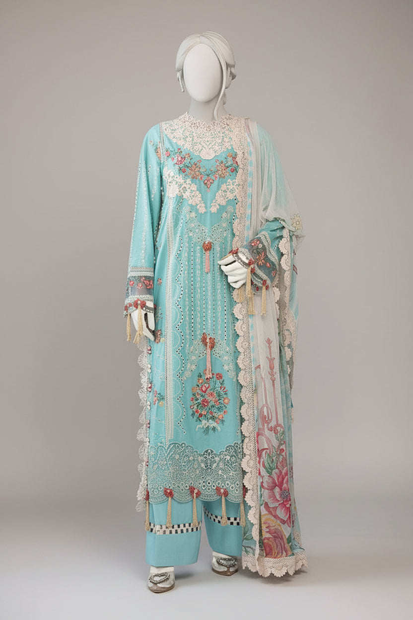 Mannequin wearing an embroidered outfit with Insia branding and product details.