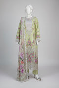 Mannequin wearing a floral dress with insia branding on a rustic outdoor background