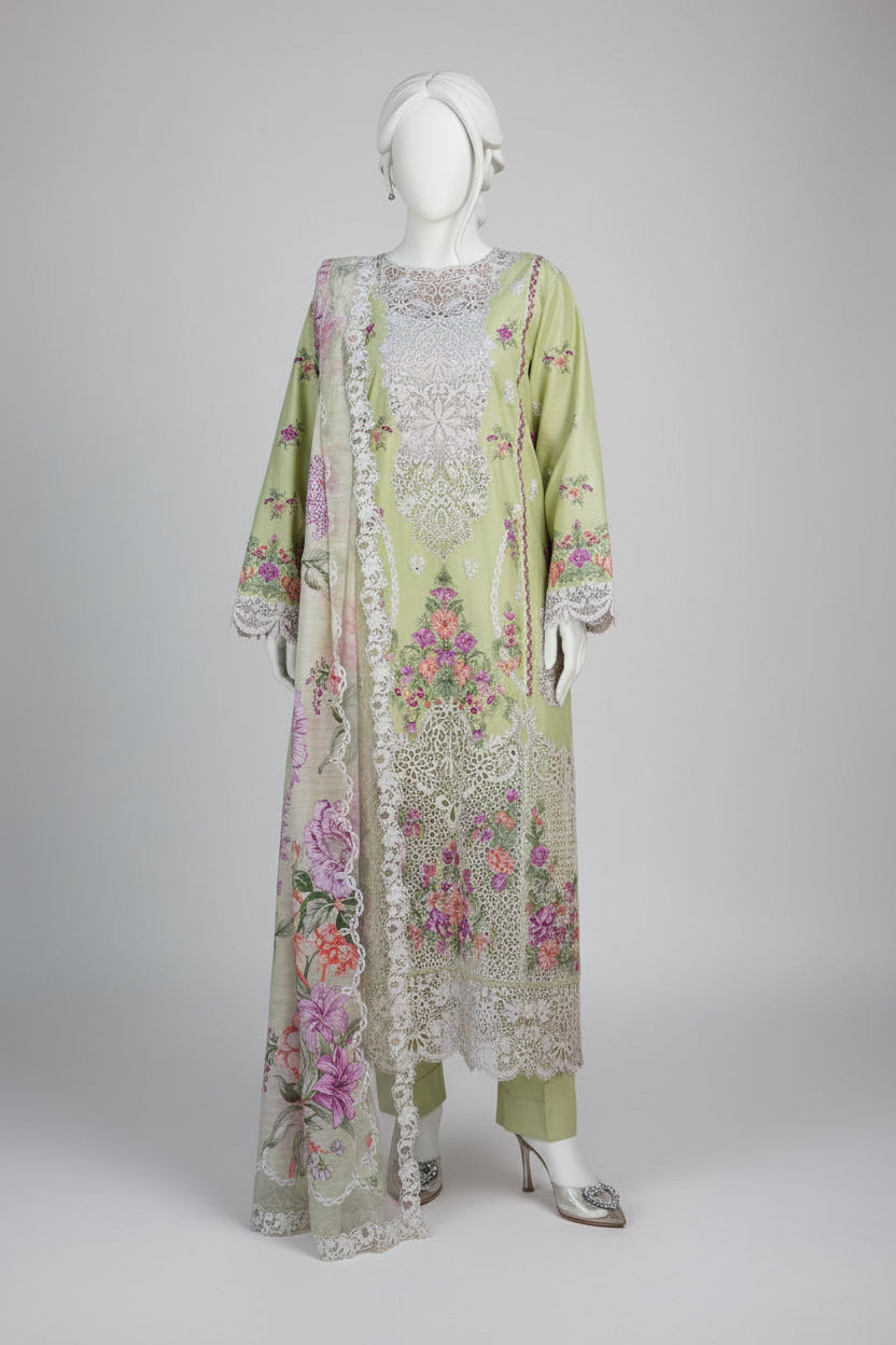 Mannequin wearing a floral dress with insia branding on a rustic outdoor background