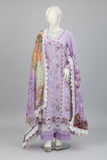 Mannequin wearing a purple embroidered outfit with Insia branding and product details.
