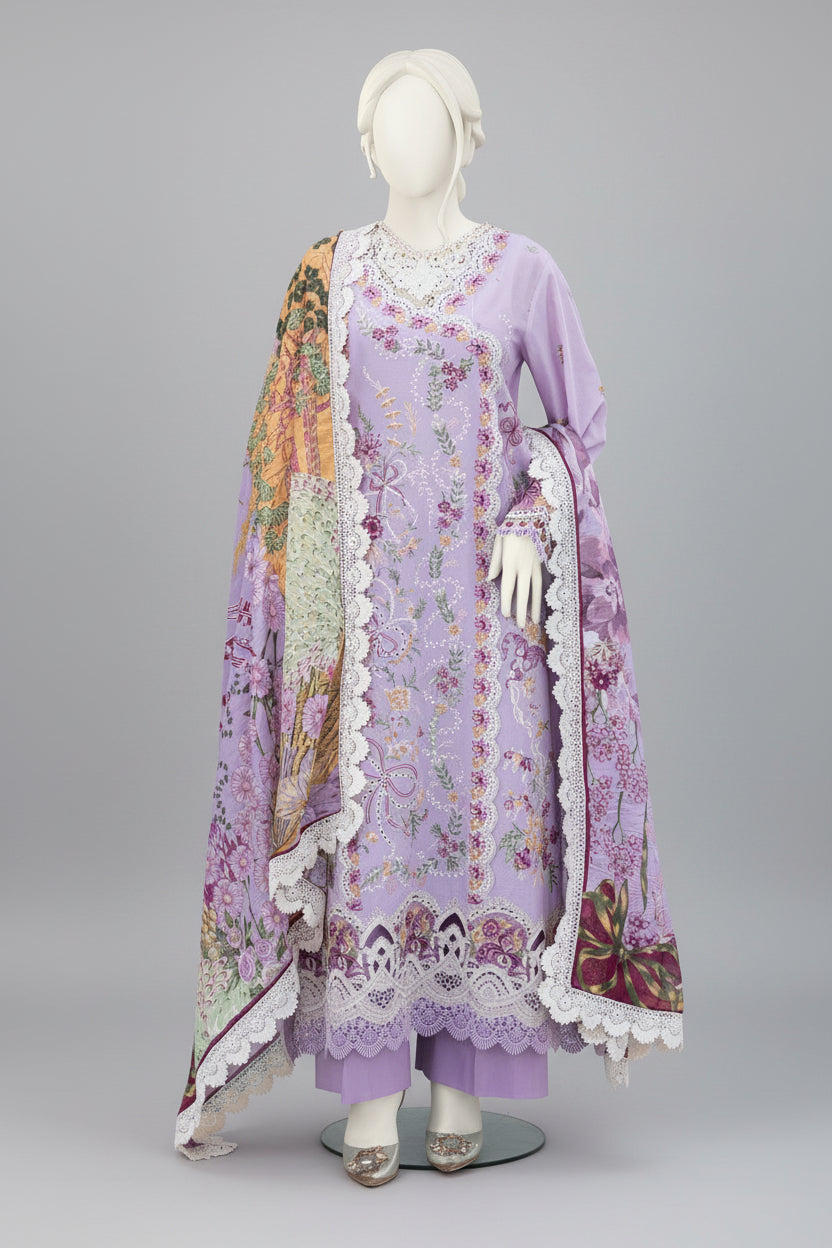 Mannequin wearing a purple embroidered outfit with Insia branding and product details.