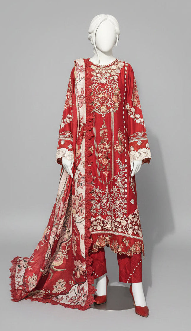 Red embroidered outfit on a mannequin with Insia branding and product details.