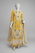 Mannequin wearing a yellow embroidered outfit with Insia branding on a white background.