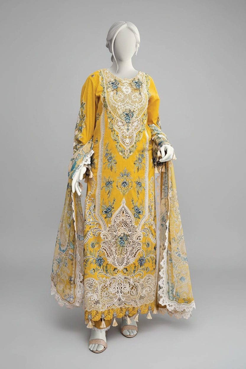 Mannequin wearing a yellow embroidered outfit with Insia branding on a white background.