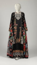 Mannequin wearing a black embroidered dress with Insia branding on the right side.