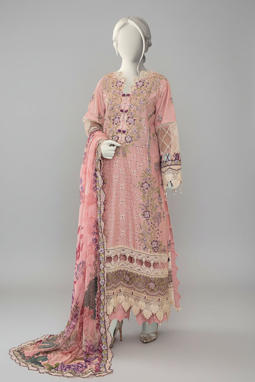 Mannequin wearing a pink embroidered outfit with Insia branding and product details.