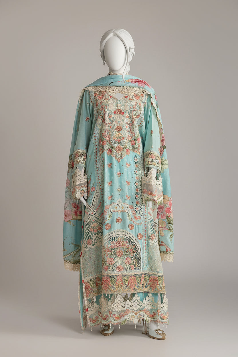 Mannequin wearing a long, ornate dress with floral patterns on a plain background