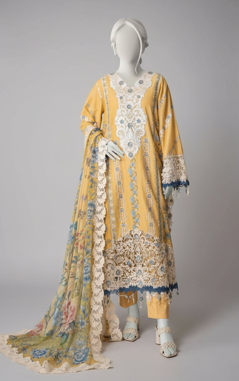 Mannequin wearing a yellow embroidered dress with floral patterns on a gray background