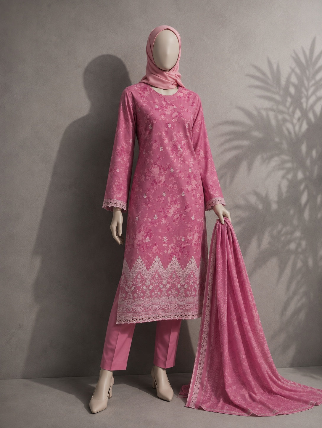 Premium Lawn Embroidered Series 3-Piece Unstitched Suit - Magenta Pink