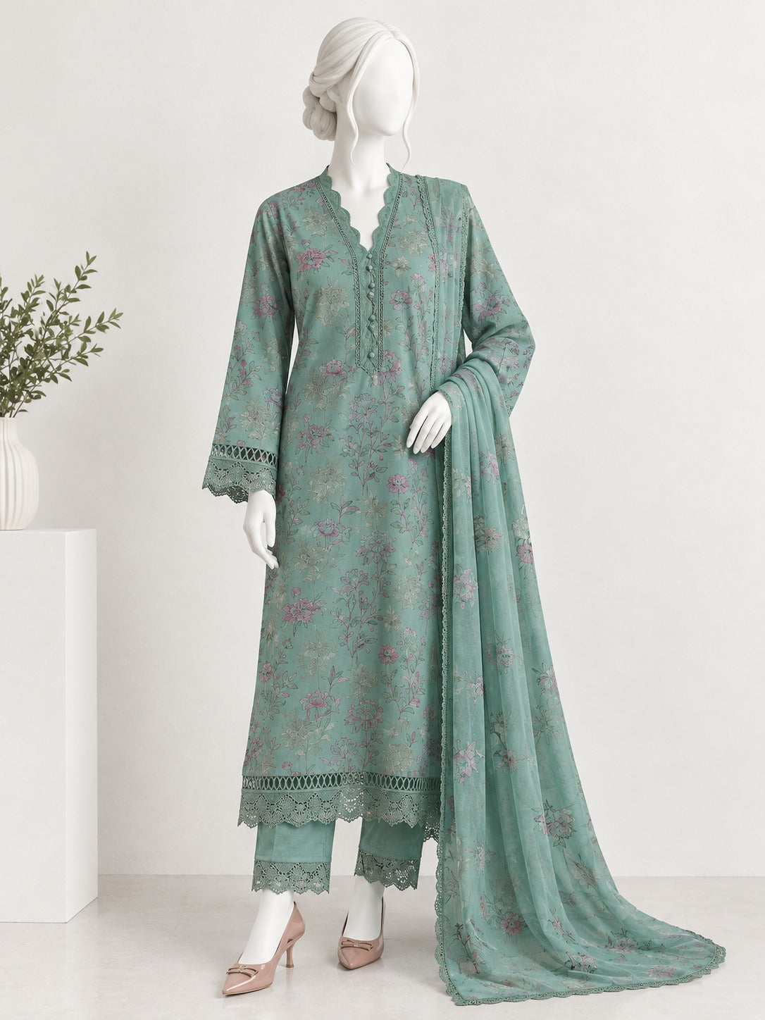 Unstitched Embroidered Karanadi - soft seafoam green