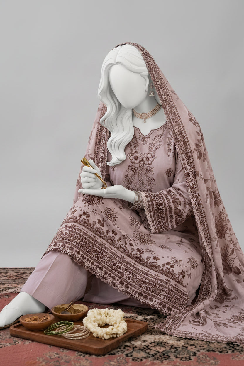 A woman seated on a patterned rug wearing a lavender and brown embroidered traditional outfit with a matching sheer draped veil. She is posed indoors against a soft peach-pink wall, holding a small object, with jewelry and a tray of flowers on the floor nearby.