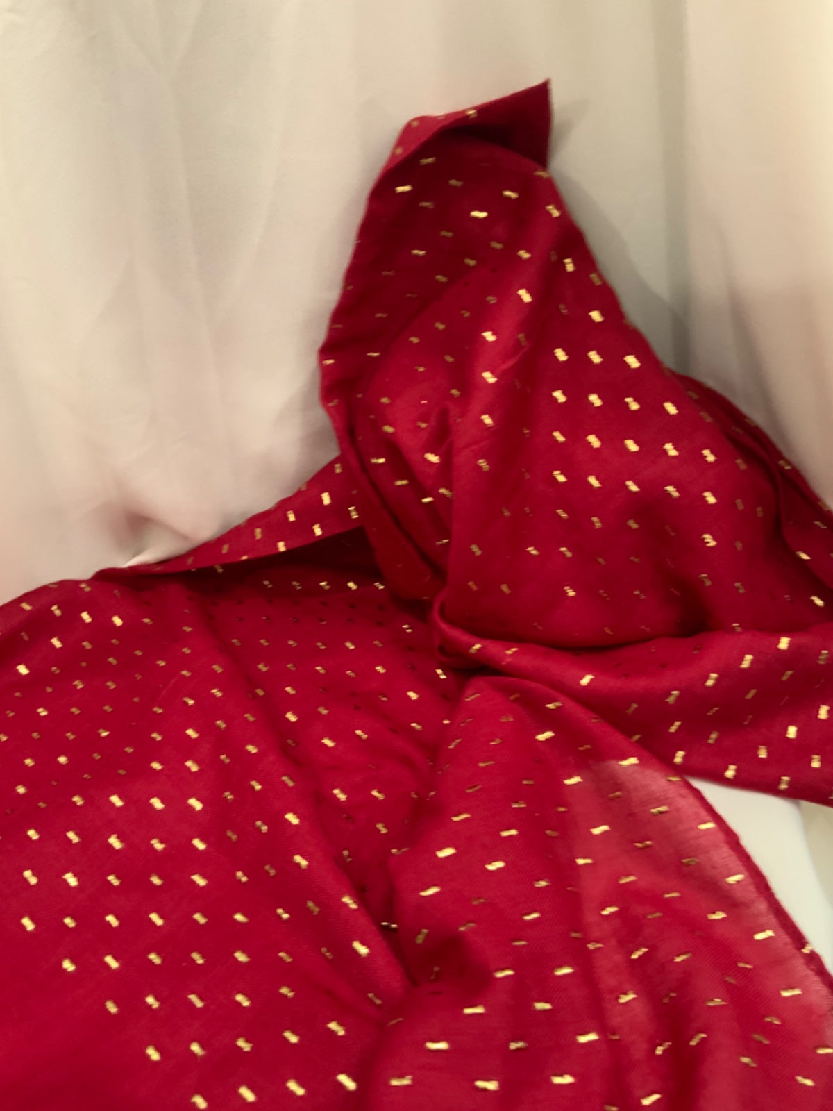 Deep Red Pure Lawn Scarf with Gold Foil Motif Detail