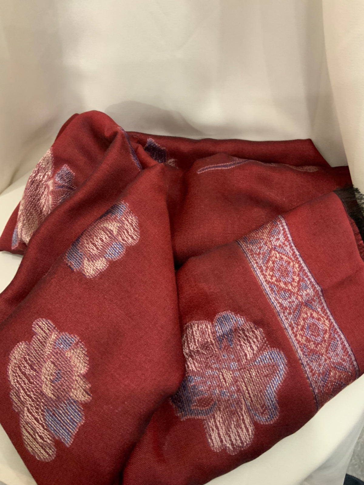 Deep red woven jacquard lawn scarf with floral motifs and decorative border