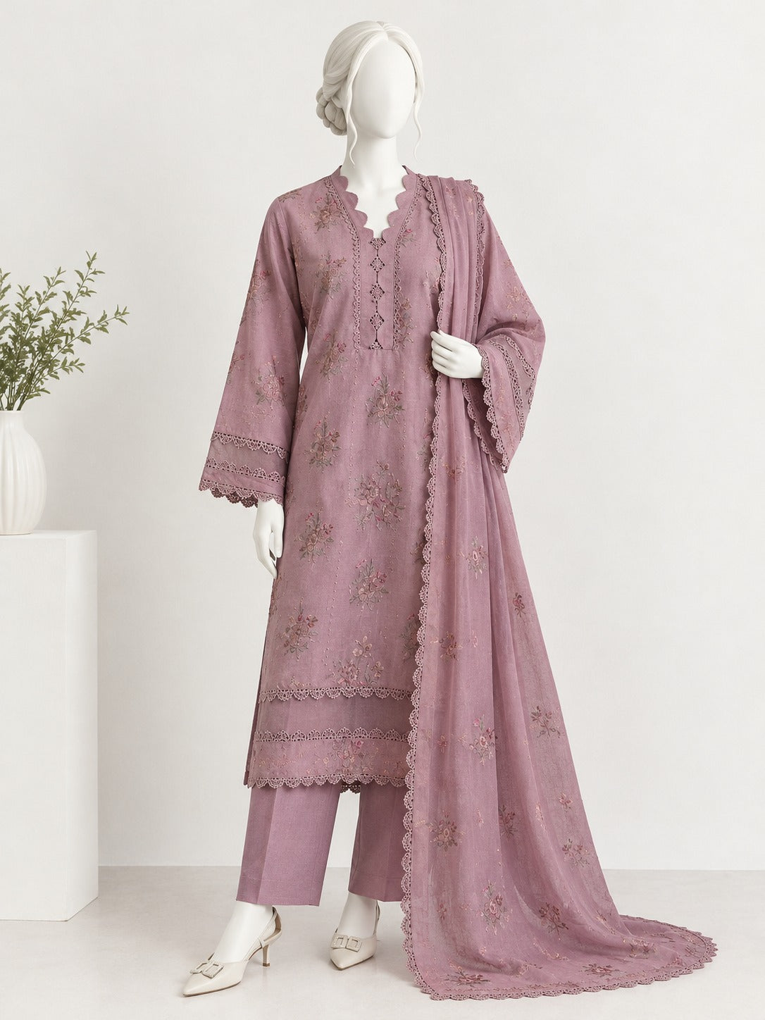 Unstitched Embroidered Karandi - dusty rose pink