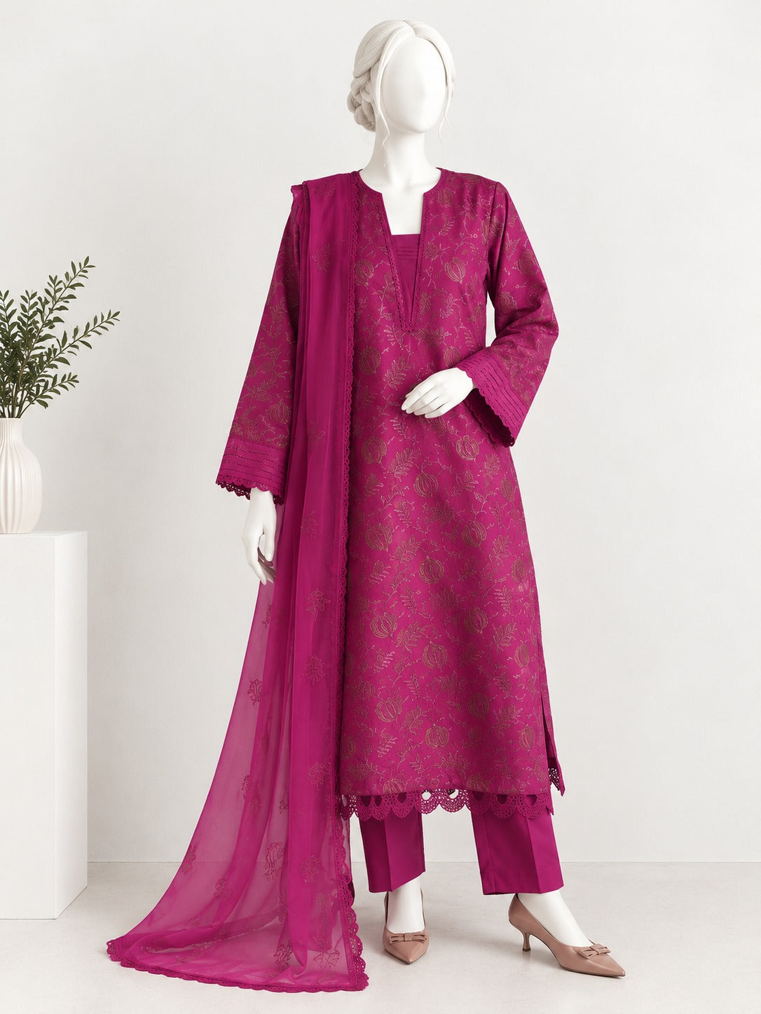 Unstitched Embroidered Karandi - fuchsia