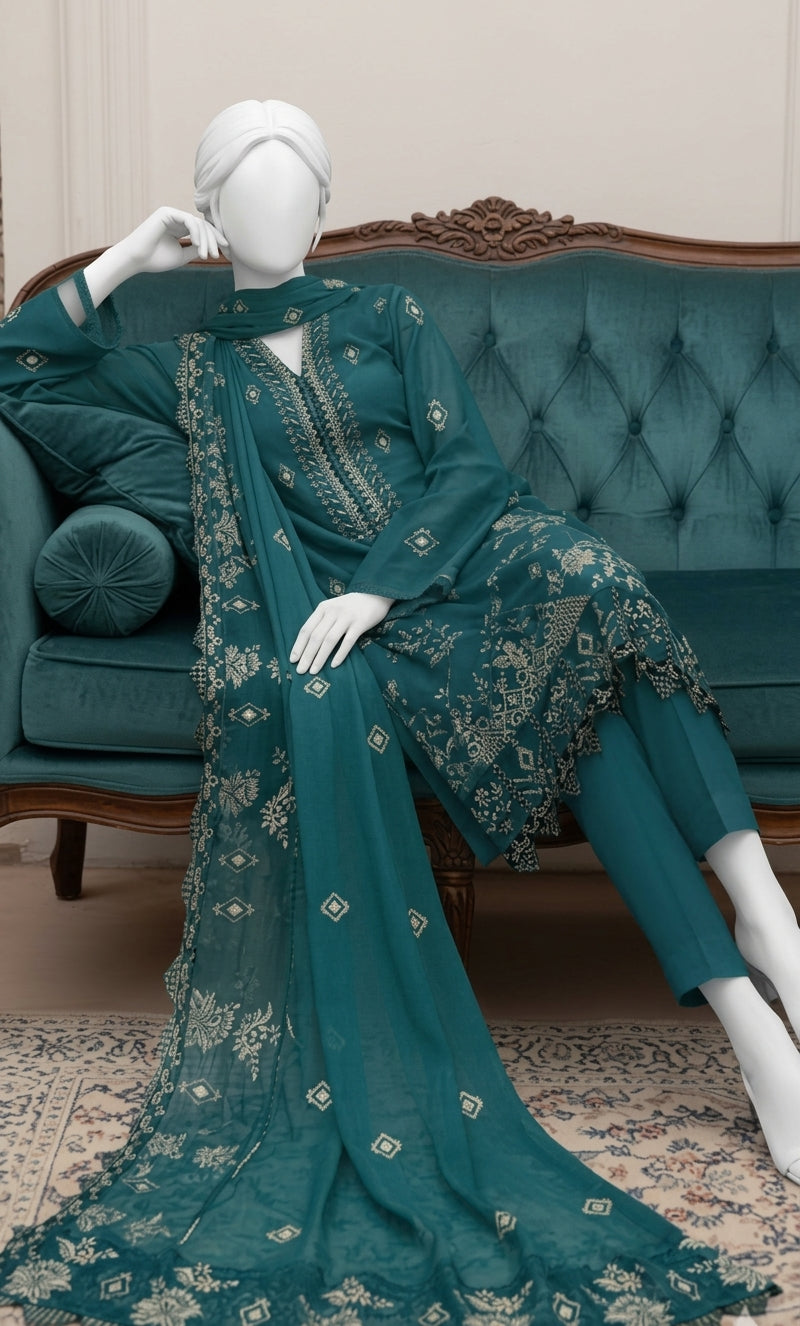 Deep Teal Embroidered Linen Winter Wear
