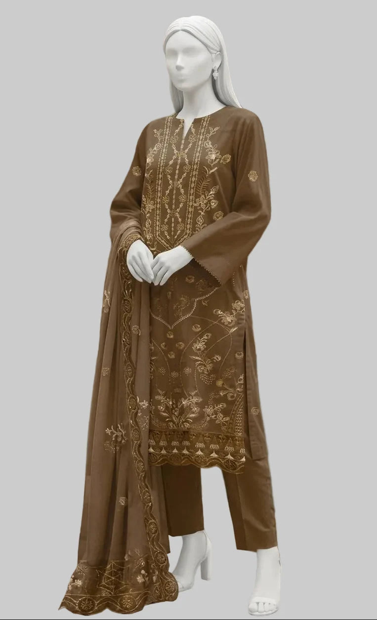 Earthy Brown - 3 Piece Stitched Embroidered Linen Pret