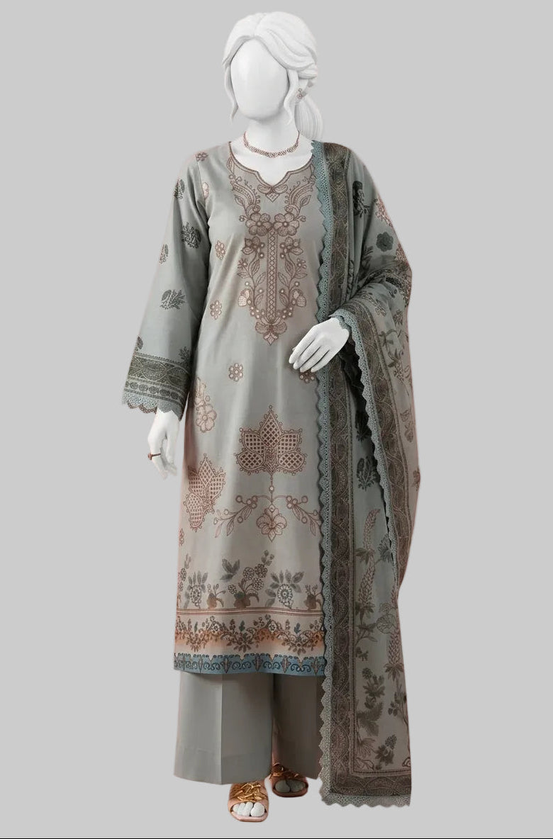 A three-piece traditional South Asian salwar kameez suit set displayed on a white mannequin. The set features a light gray-green kurta with brown and gold floral embroidery, matching gray-green trousers, and a coordinating dupatta with a scalloped border.