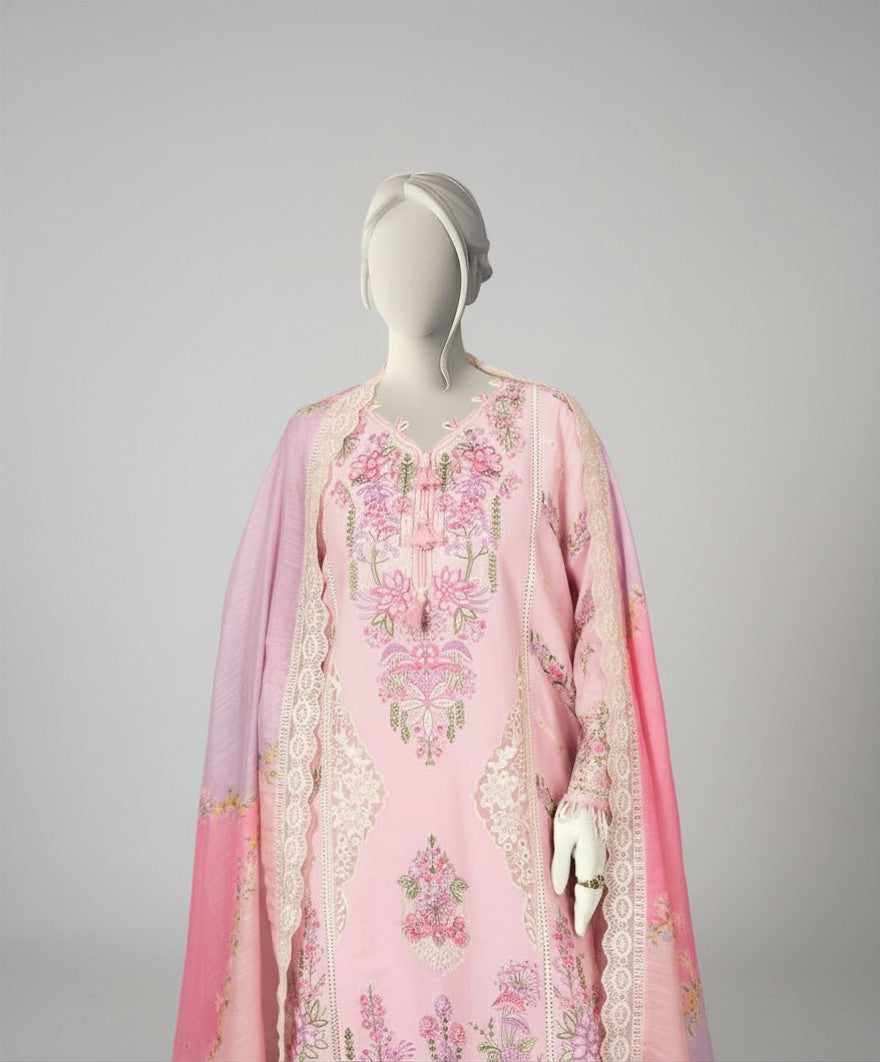 Mannequin wearing a pink embroidered outfit with a matching dupatta on a gray background
